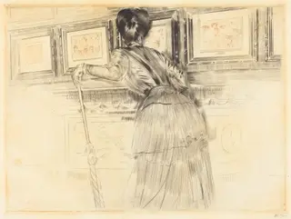 In Front of the Watteaus in the Louvre, by Paul César Helleu, ink, 1895