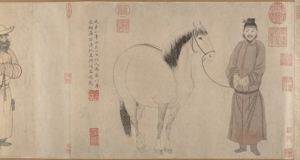 元 趙孟頫 趙雍 趙麟 吳興趙氏三世人馬圖 卷|Grooms and horses, detail