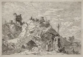 Landscape with the Pilgrim at Prayer, by Canaletto, ink, 1740