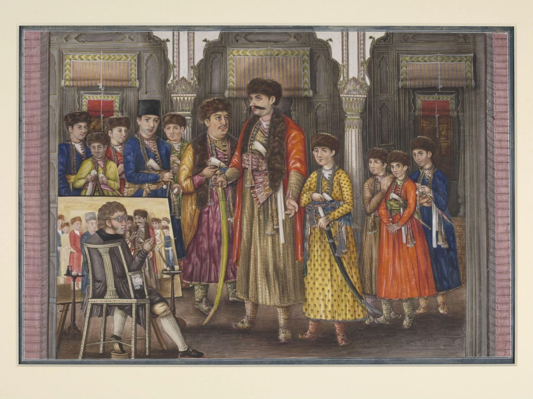 Tilly Kettle painting a portrait of Shuja ud-Daula and his ten sons, detail