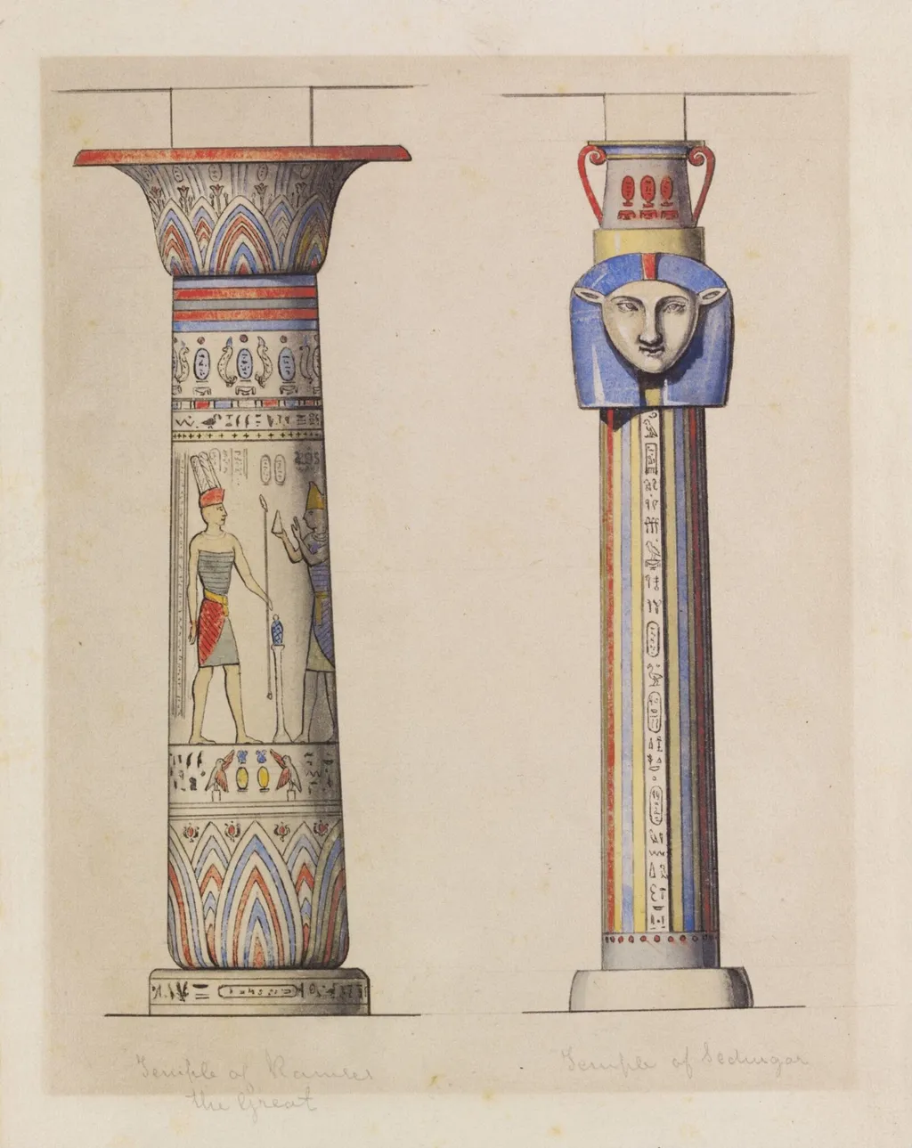 Temple of Ramses the Great  B.C.1420.  Temple of Sedingar  B.C.1490, by Owen Jones, watercolor, 1853