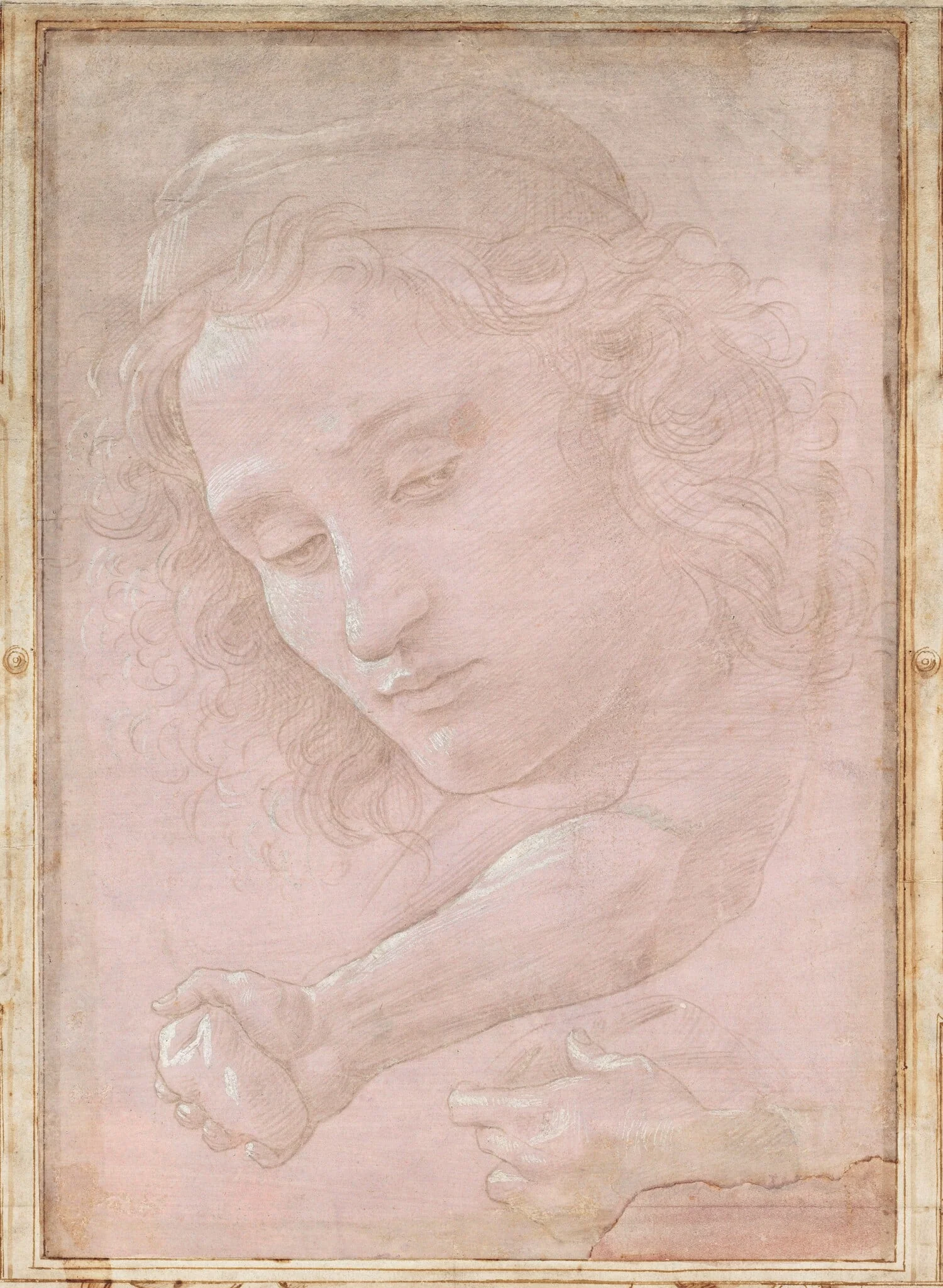 Head of a Youth Wearing a Cap; a Right Forearm with the Hand Clutching a Stone; and a Left Hand Holding a Drapery, detail