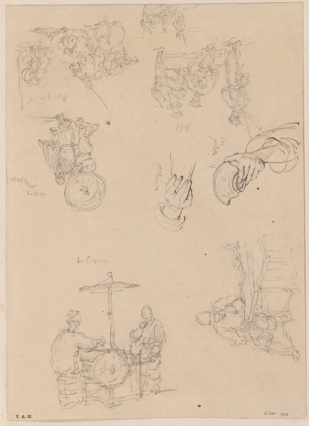 Chinese figures, soldiers, and details of hands, by George Chinnery, 10