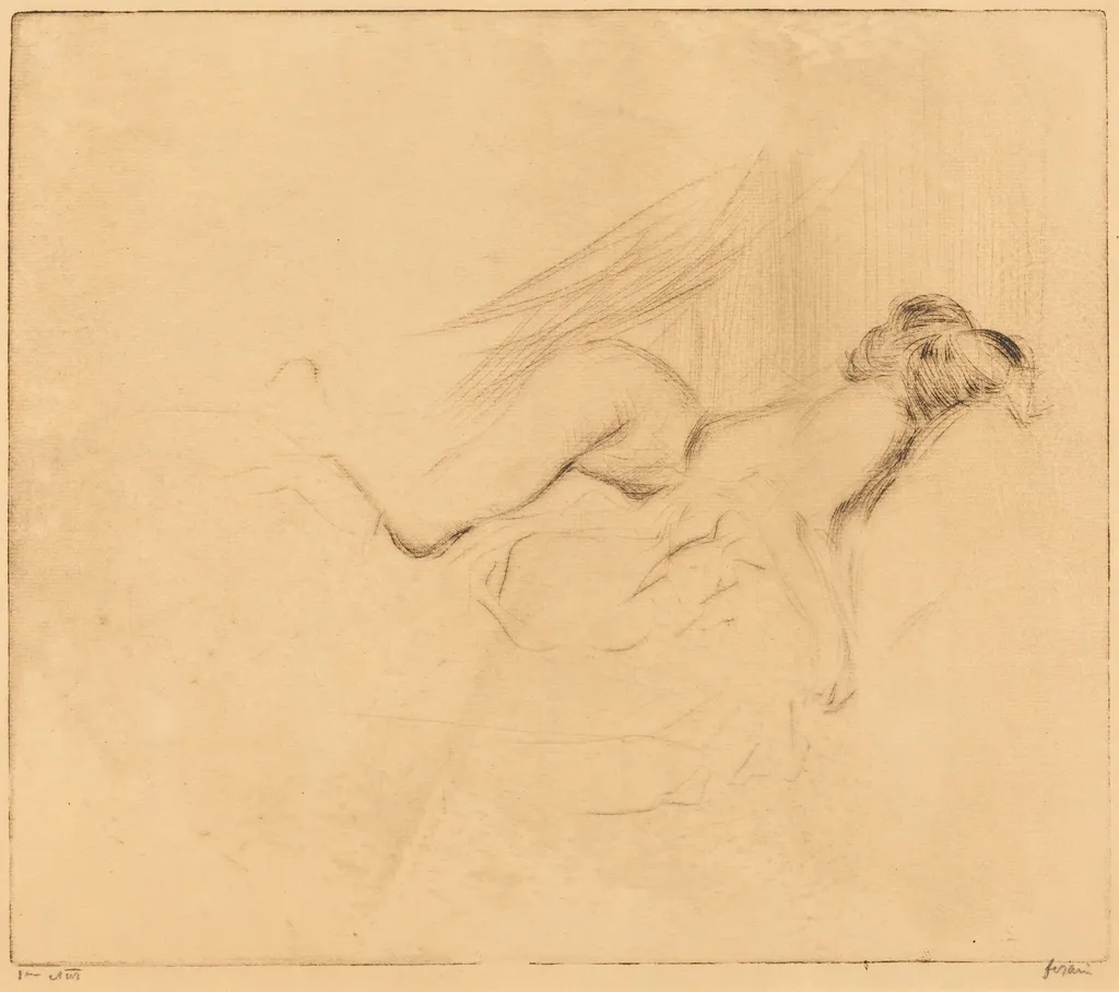 Croquis de femme nue, la tête contre l'oreiller (1ère plance) (Sketch of a Nude Woman, Her Head Against a Pillow) (1st plate), by Jean-Louis Forain, ink, 1909