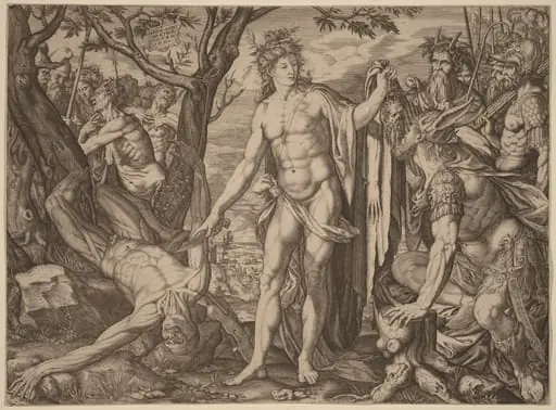 Apollo and Marsyas, by Melchior Meier, ink, 1581