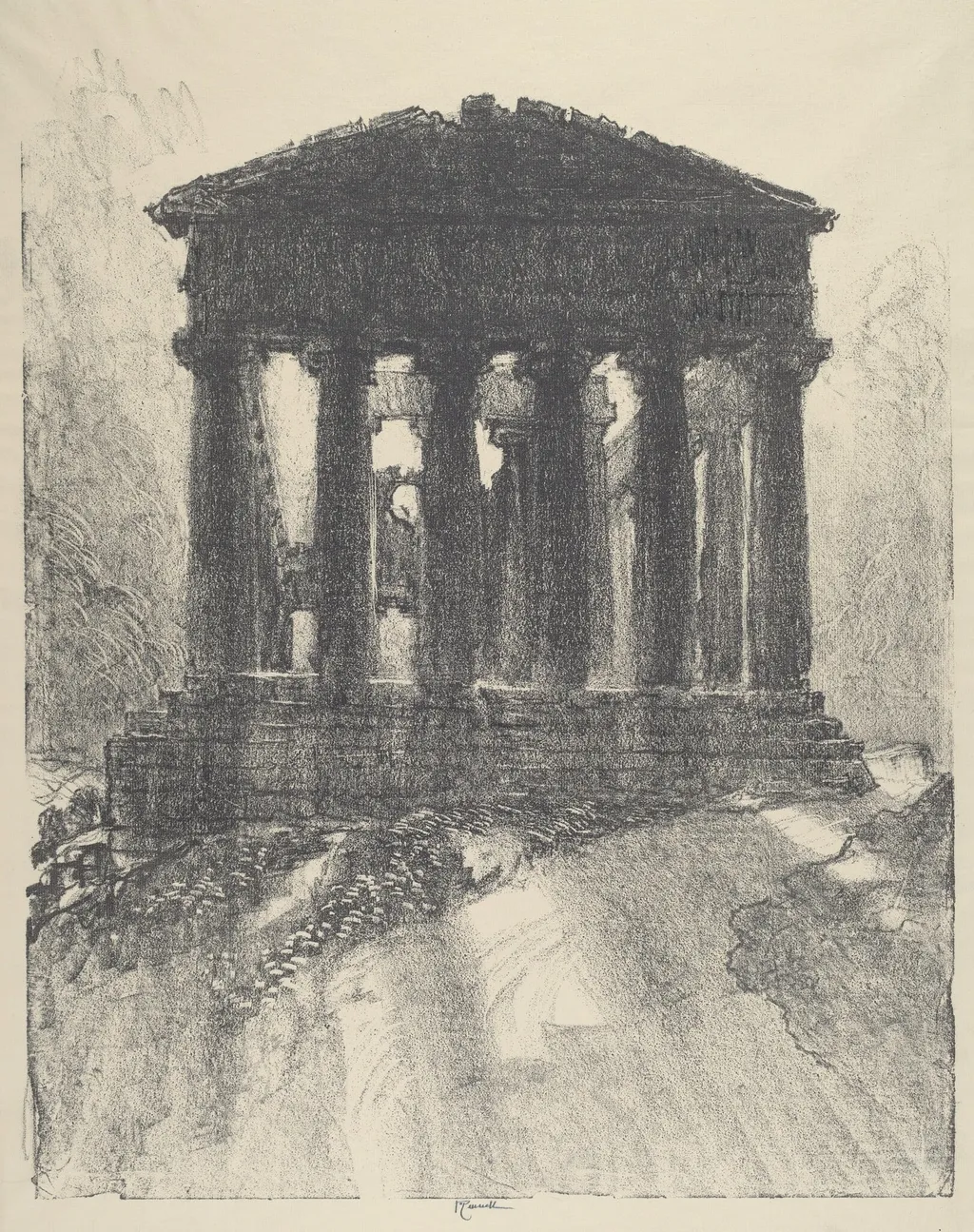 Sunrise Behind Temple of Concord, Girgenti, by Joseph Pennell, ink, 1913