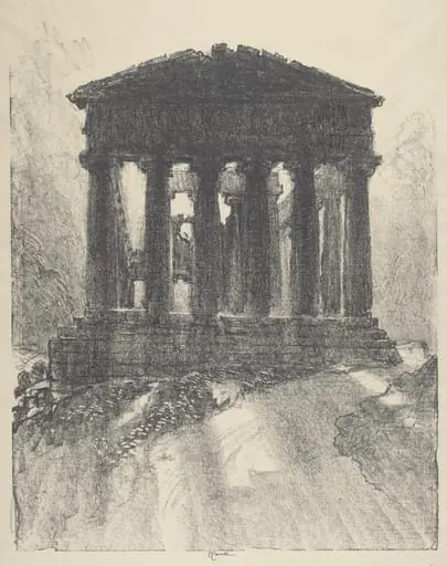 Sunrise Behind Temple of Concord, Girgenti, by Joseph Pennell, ink, 1913