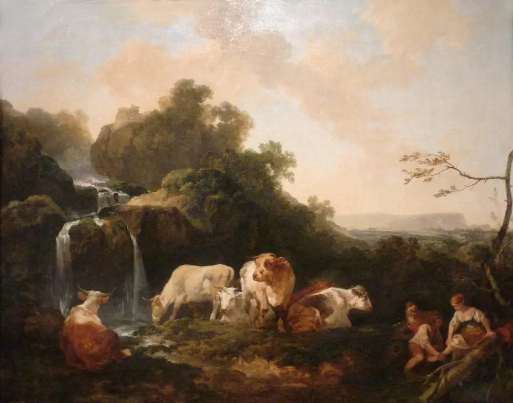 Landscape with Figures and Cattle, by Philip James de Loutherbourg, oil, 1786