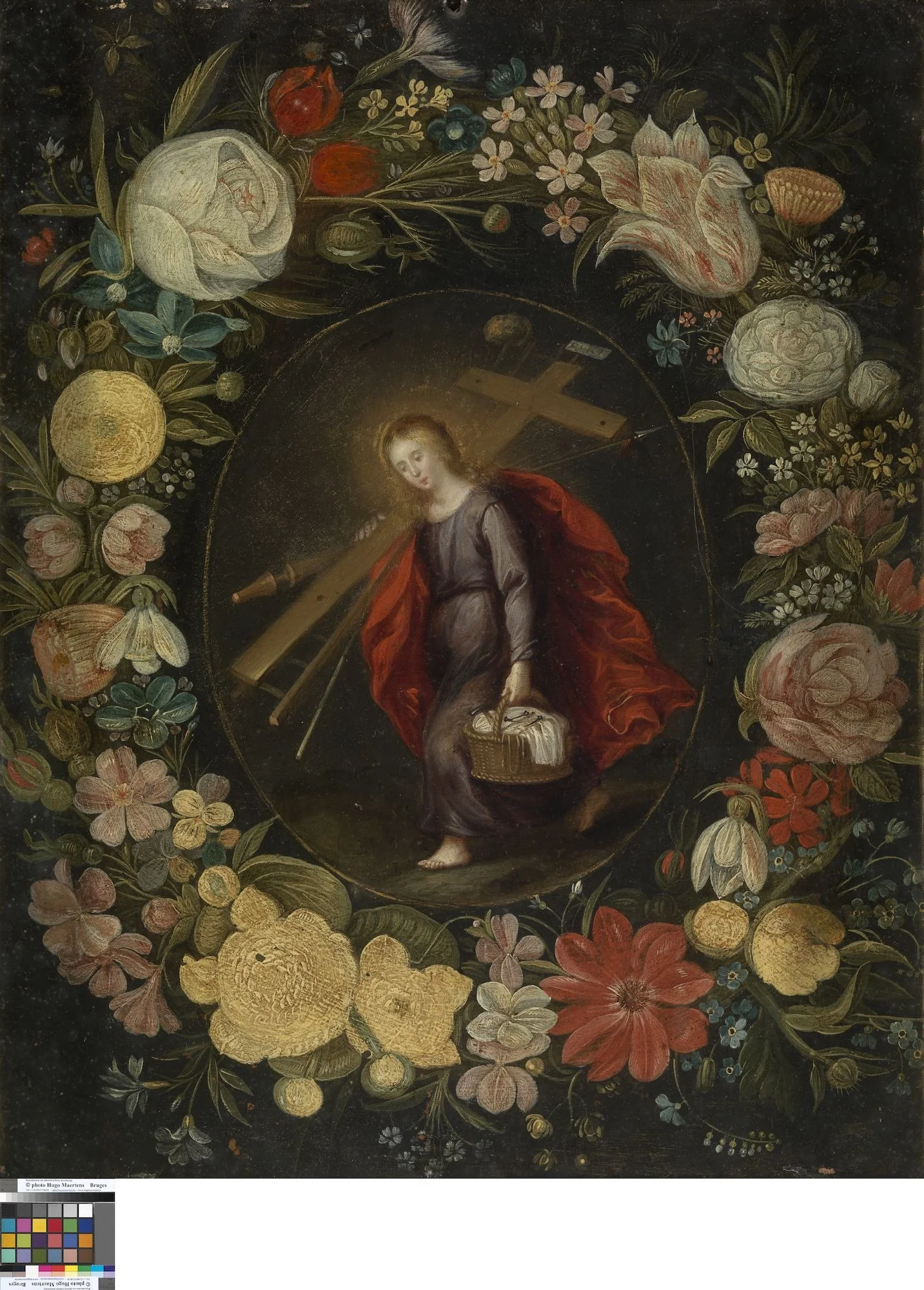 Het kind Jezus met de passiewerktuigen in een bloemenkrans, detail