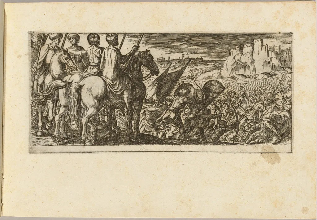 Battle Scene with Cavalry Observing from a Hill, by Antonio Tempesta, ink, 1592