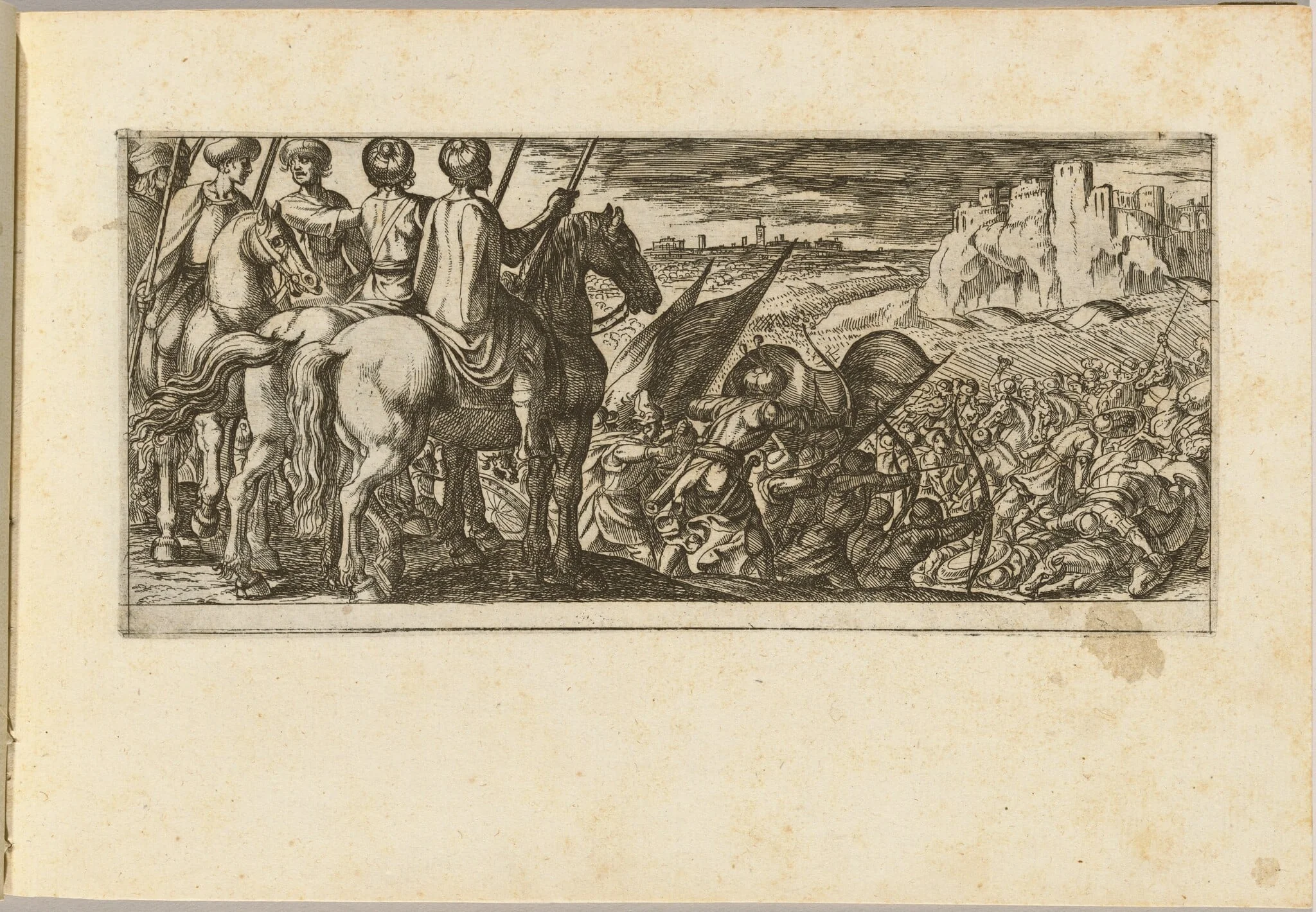 Battle Scene with Cavalry Observing from a Hill, detail
