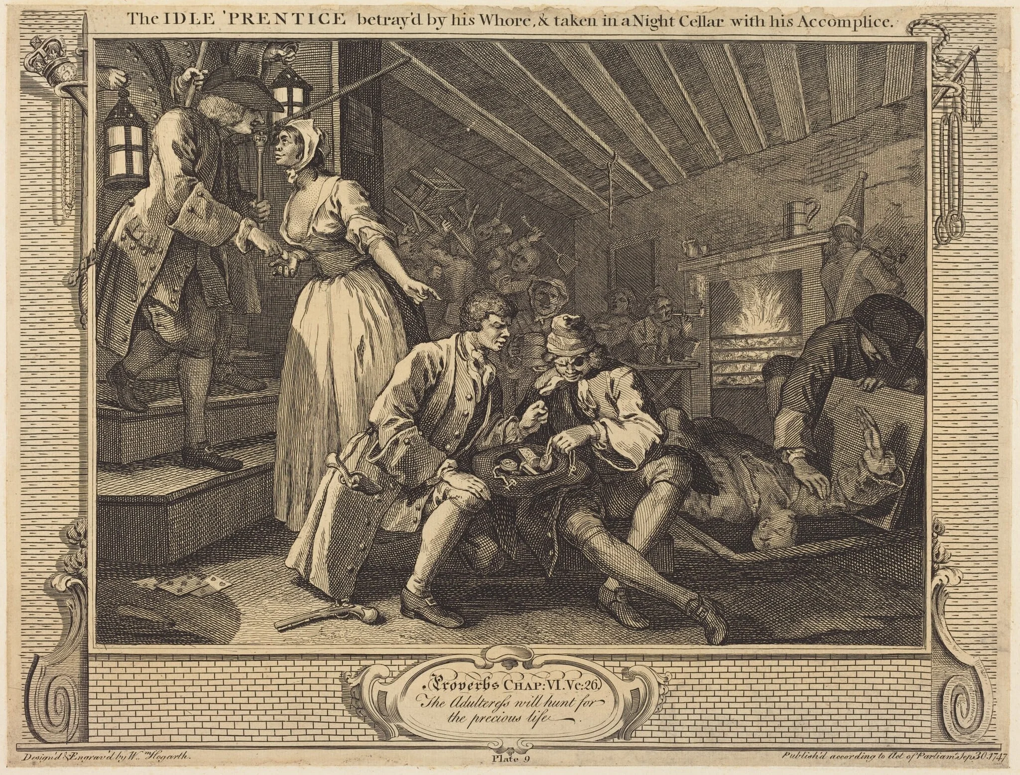 The Idle 'Prentice betray'd by his Whore, & taken in a Night Cellar with his Accomplice, detail