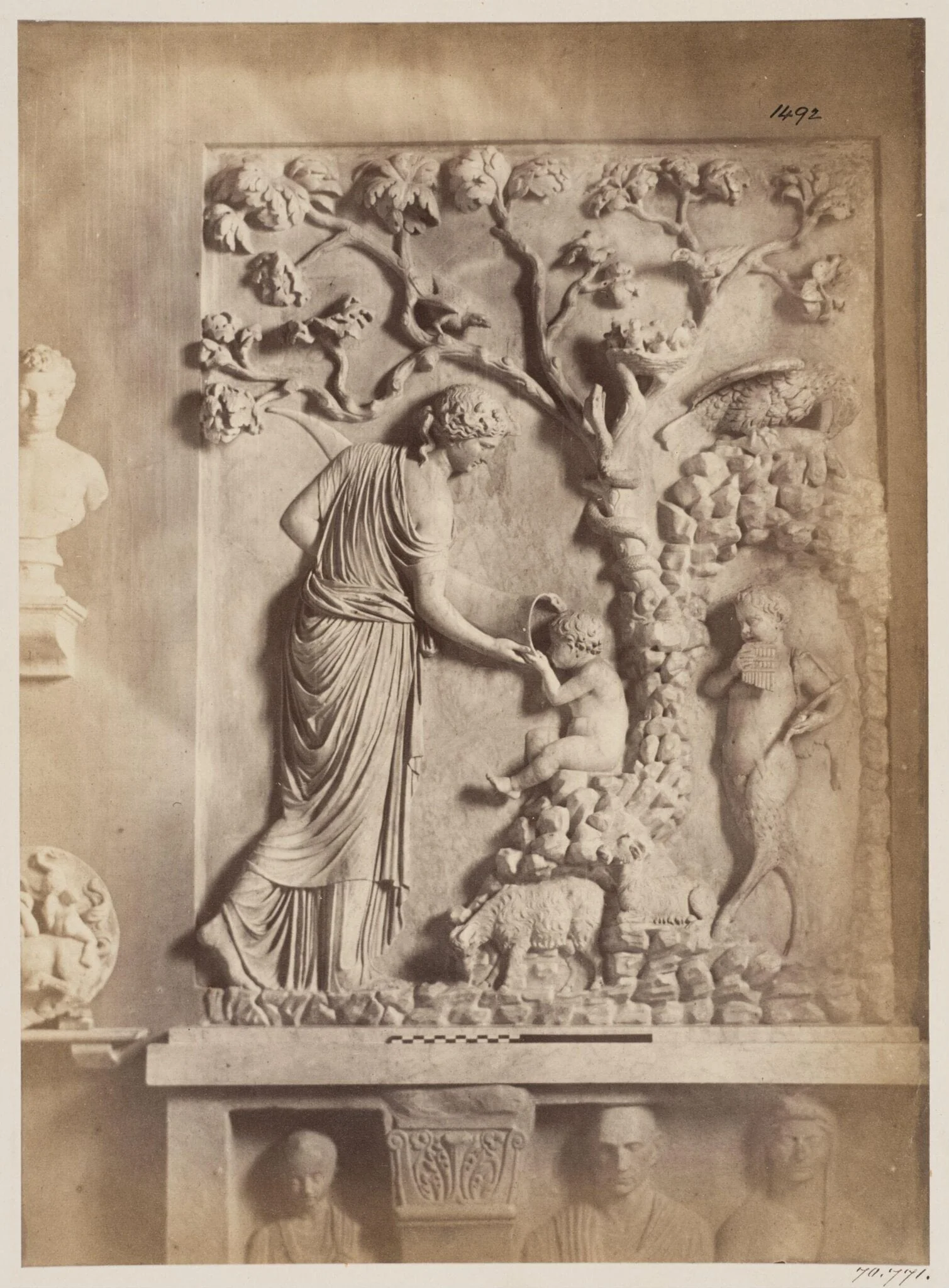 Sculpture - The infancy of Bacchus of the first century in the Lateran Museum, a Nymph gives him drink, detail