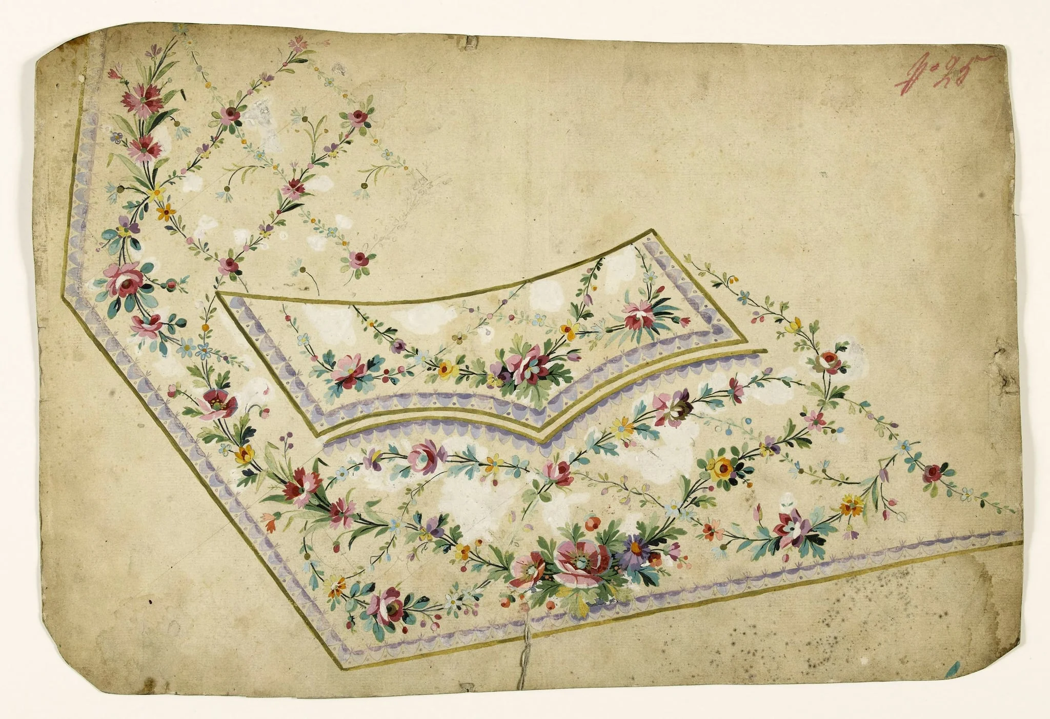 Composition avec guirlandes et croisillons de fleurs et frises d'oves mauves, projets de broderies de gilet, XVIIIème siècle, detail