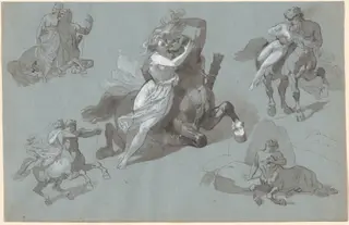 Nessus and Dejanira in Four Poses, and the Dying Nessus, by Hippolyte Lalaisse, ink, 1834