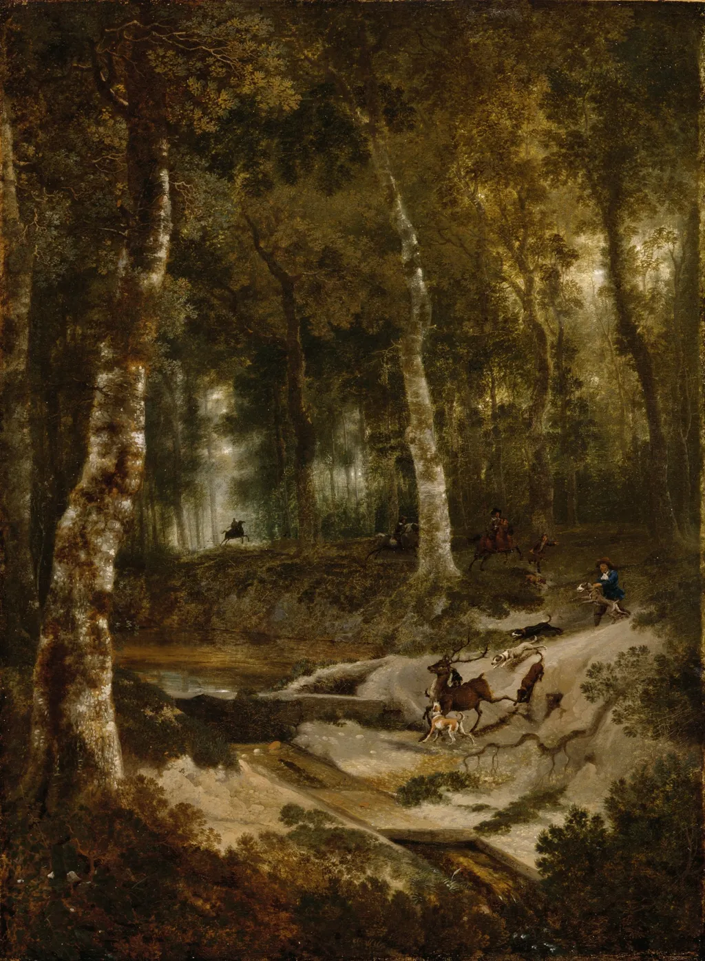 Forest Landscape with Stag Hunt, by Jan Hackaert, oil, 1667