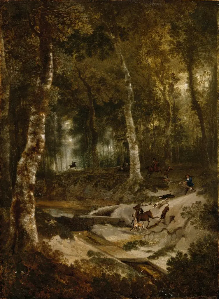 Forest Landscape with Stag Hunt, by Jan Hackaert, oil, 1667