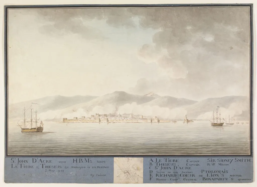 St. John d'Acre with H.B.M's ships Le Tigre & Theseus &c employed in its defence  2. May 1799 with a plan of St. John D'Acre and of the naval action', by Michel-François Préaulx, watercolor, 1799