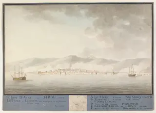 St. John d'Acre with H.B.M's ships Le Tigre & Theseus &c employed in its defence  2. May 1799 with a plan of St. John D'Acre and of the naval action', by Michel-François Préaulx, watercolor, 1799