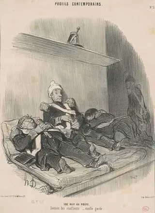 Une nuit au poste, by Honoré Daumier, ink, 1848