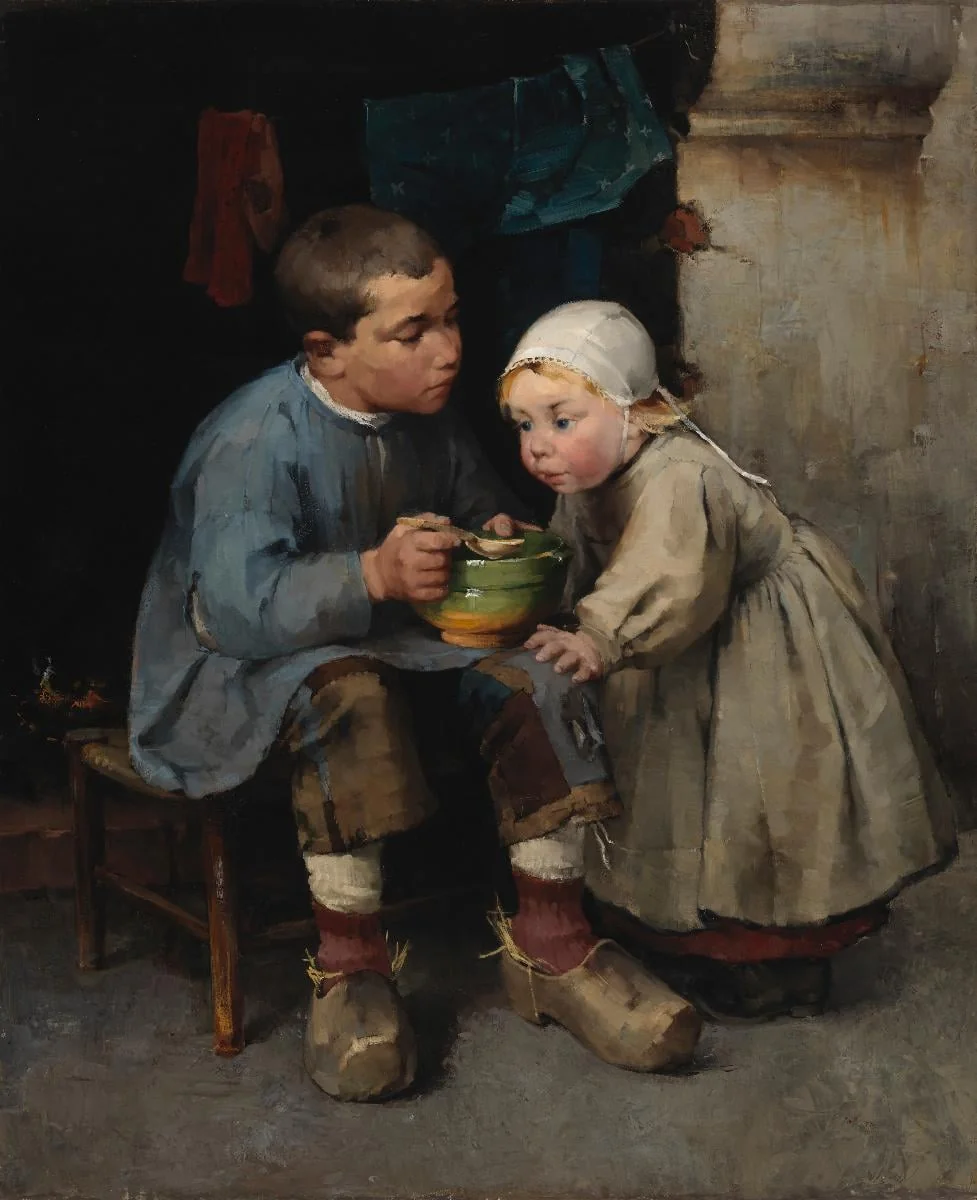 Pikkusiskoaan ruokkiva poika, detail