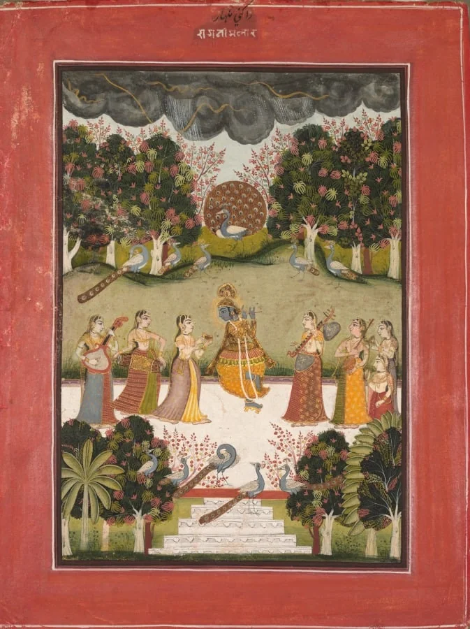 Malar Ragini: Krishna Playing the Flute to Seven Gopis Holding Musical Instruments, from the Ragamala Series, detail