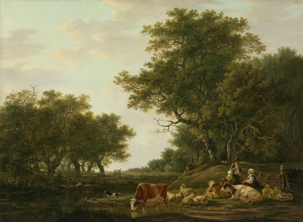 Landscape with Peasants with their Cattle and Anglers on the Water, by Jacob van Strij, oil, 1815