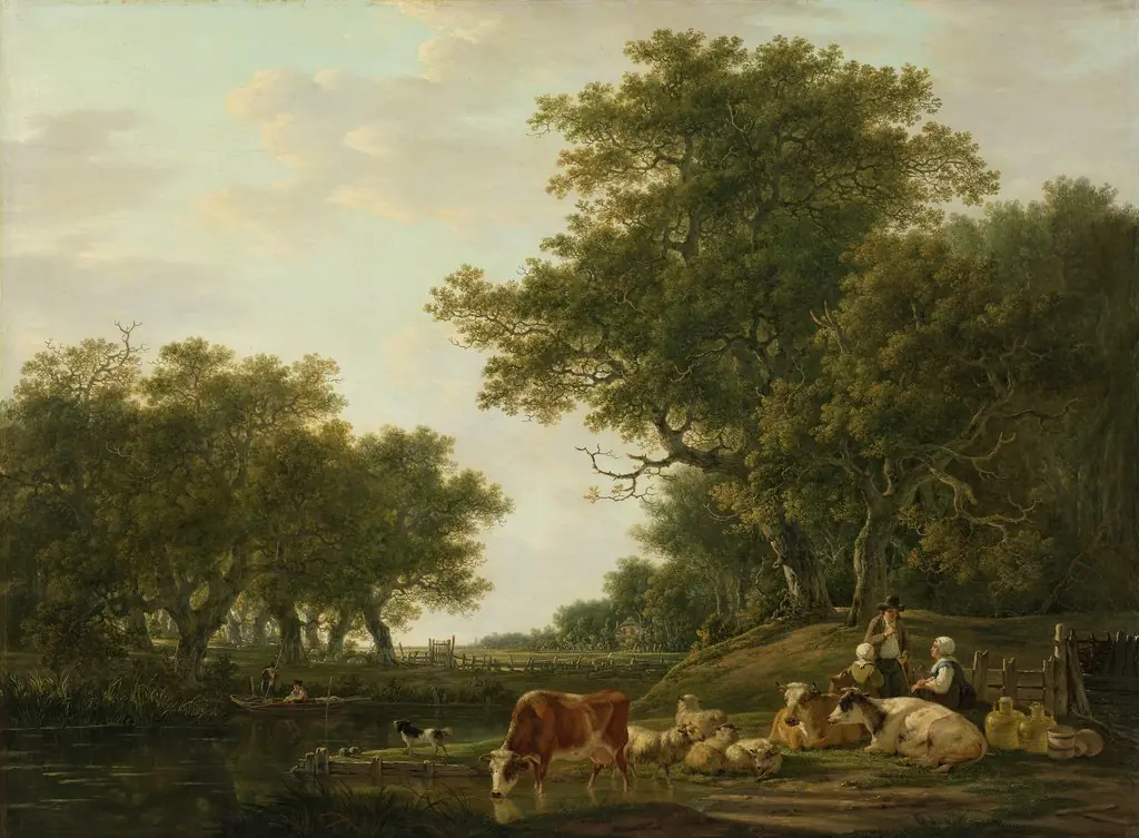 Landscape with Peasants with their Cattle and Anglers on the Water, by Jacob van Strij, oil, 1815