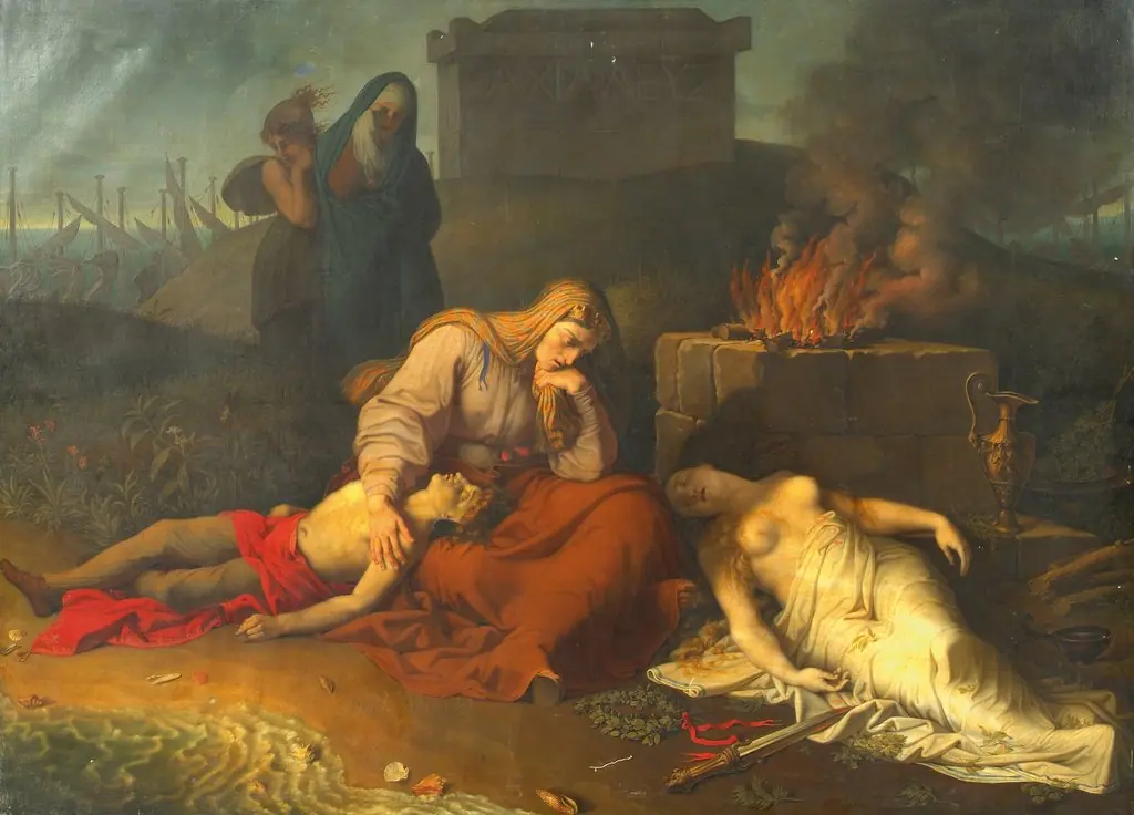 Hecabe mit den Leichnamen ihrer Kinder Polyxena und Polydoros am Grab des Achill, by Karl Russ, oil, 1809