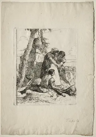 Scherzi di Fantasia: Magician Pointing Out a Burning Head to Two Youths, by Giovanni Battista Tiepolo, 1755