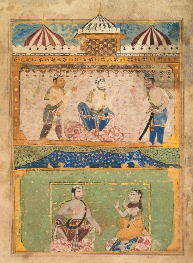 A traveler persuades Lorik to return home (top); Chanda objects (bottom), from a Chandayana (Story of Chanda), detail