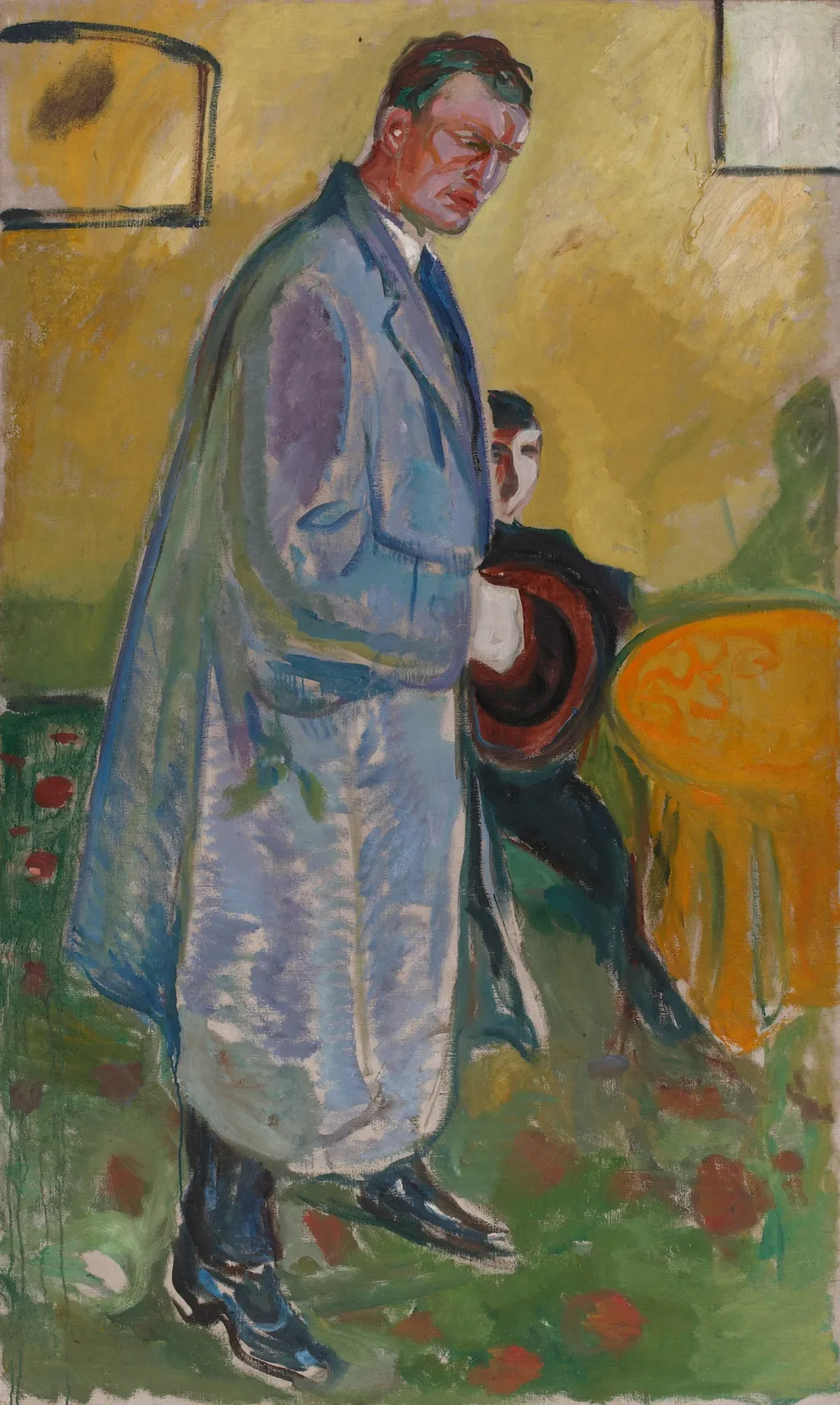 Self-Portrait with Hat and Overcoat, by Edvard Munch, oil, 1910