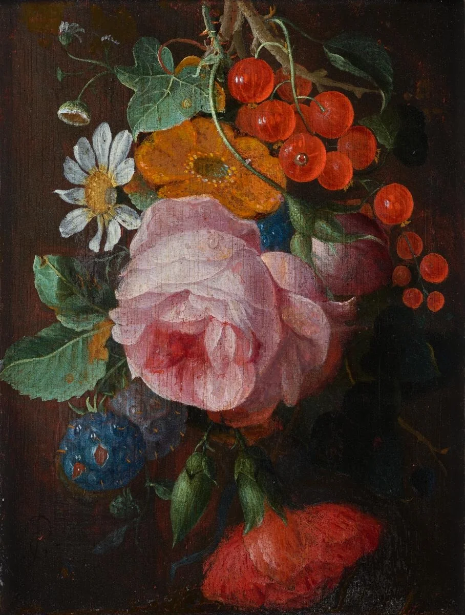 Blumengirlande mit Johannis- und Brombeeren, detail