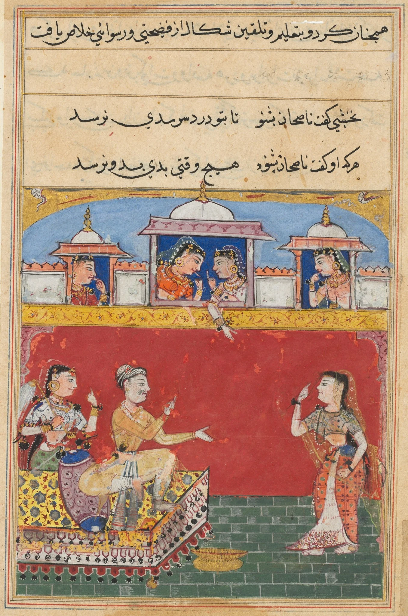 The daughter-in-law returns from her misadventure, feigning insanity, from a Tuti-nama (Tales of a Parrot): Sixteenth Night, detail