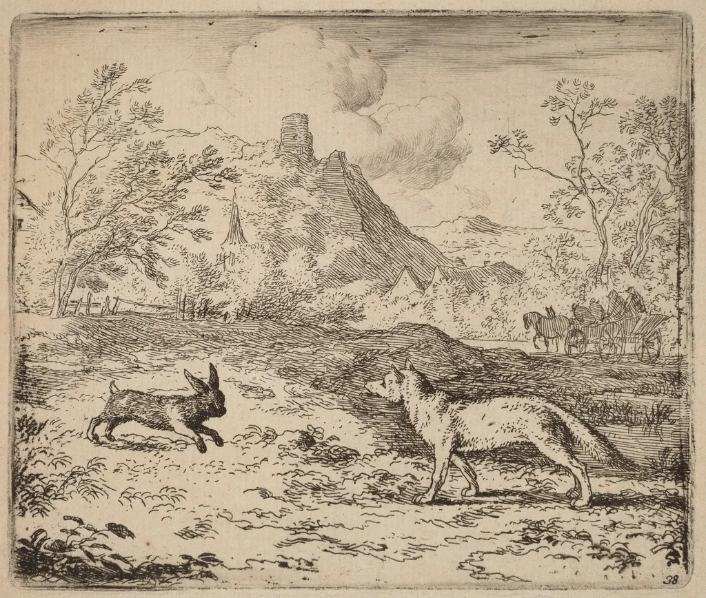 Reynard and the Rabbit, by Allart van Everdingen, ink, 1650