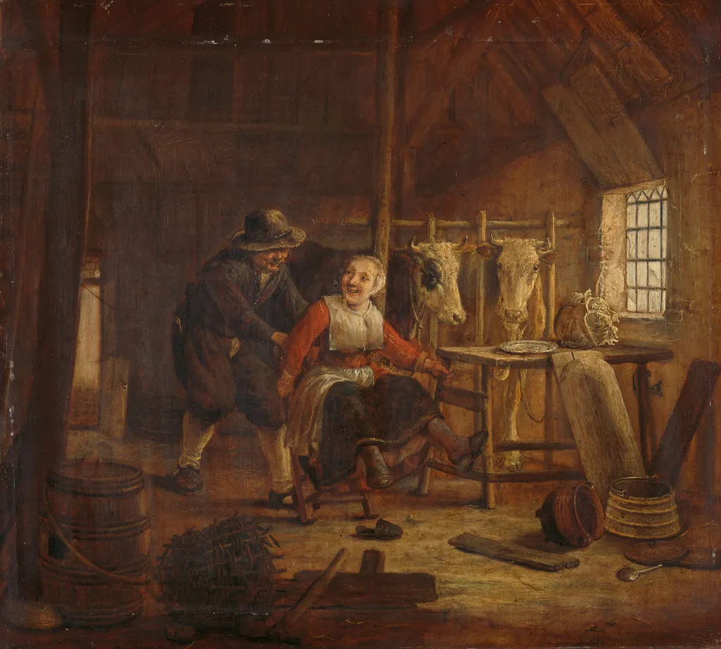 Flirtation in a cowshed, by Govert Dircksz. Camphuysen, oil, 1650