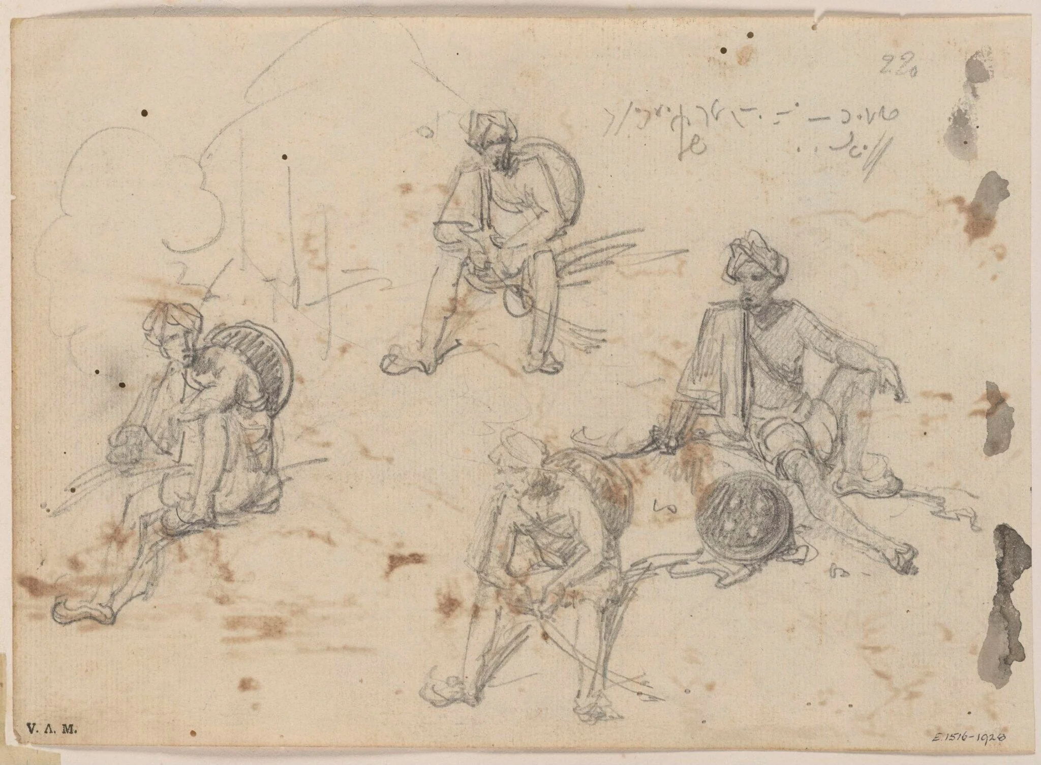 Four drawings of an Indian chowkidar, detail