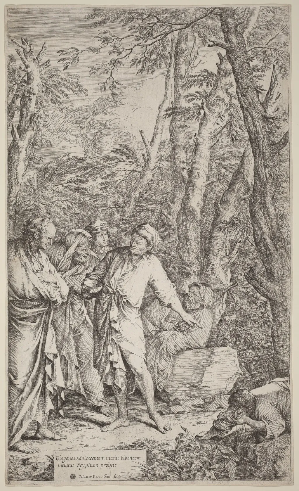 Diogenes Casting Away His Bowl, by Salvator Rosa, ink, 1615