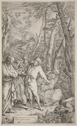 Diogenes Casting Away His Bowl, by Salvator Rosa, ink, 1615