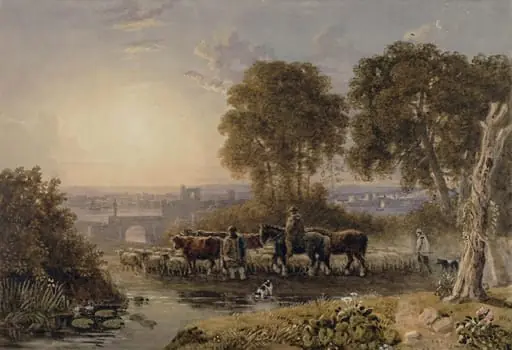 Landscape with Drovers, by Barret, watercolor, 1795