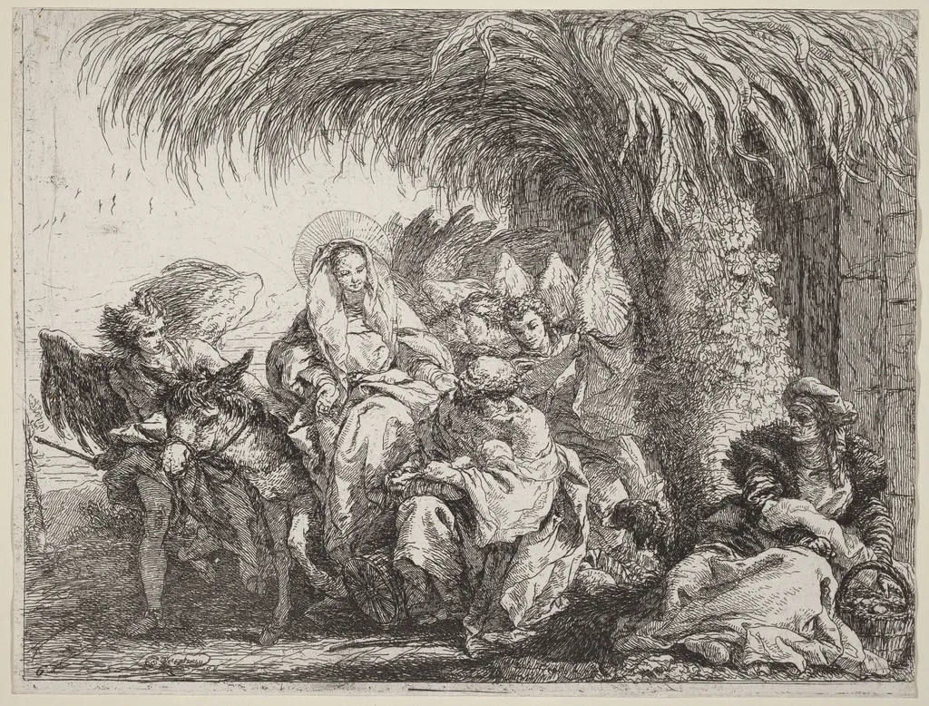 Joseph Kneels with the Child before Mary on the Donkey, by Giovanni Domenico Tiepolo, ink, 1753