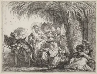Joseph Kneels with the Child before Mary on the Donkey, by Giovanni Domenico Tiepolo, ink, 1753