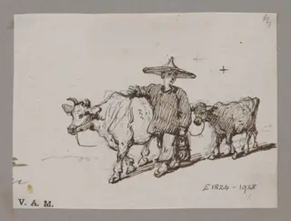 A Chinese figure with a cow and calf, by George Chinnery, 1850