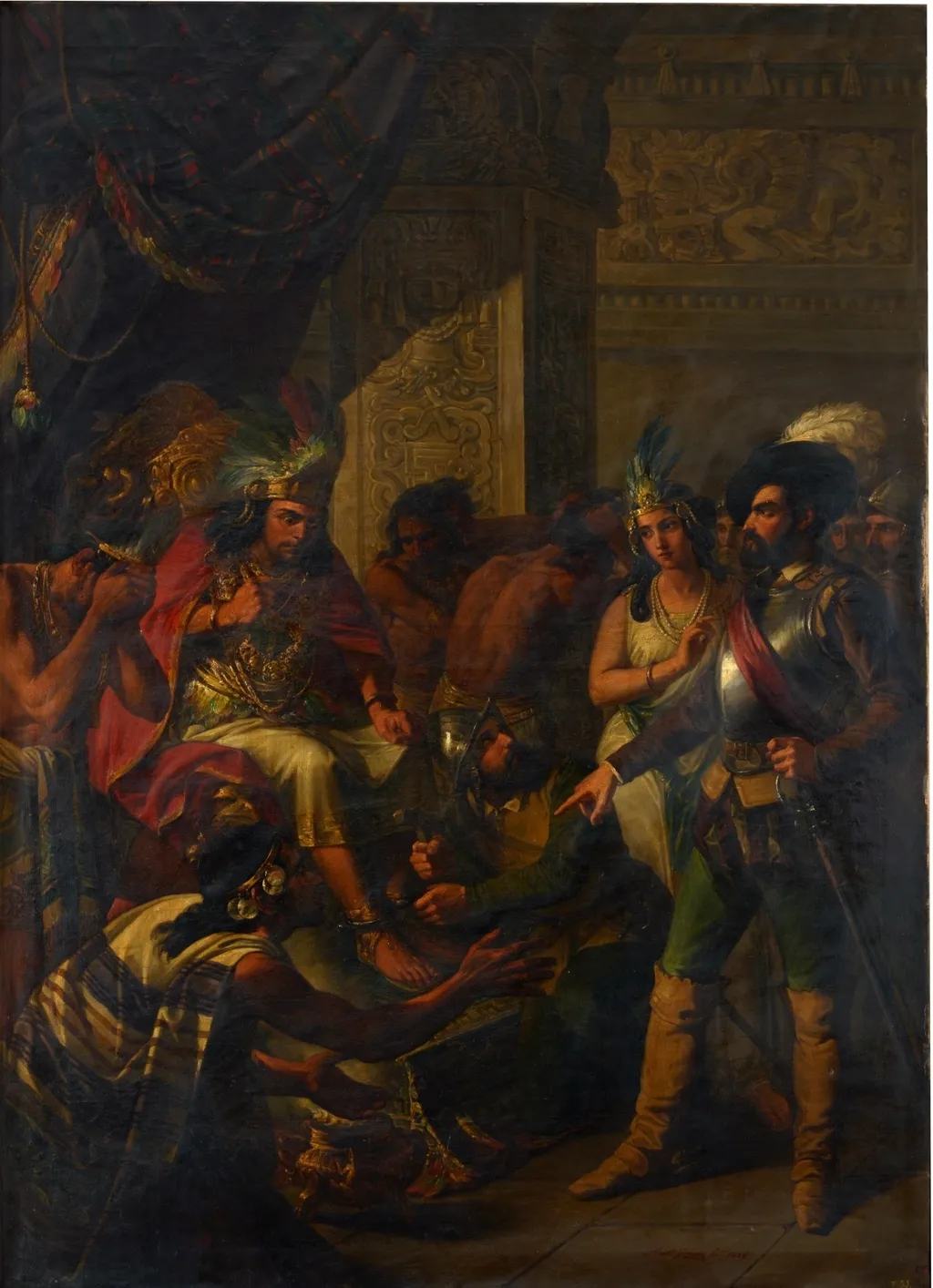 Hernán Cortés el célebre conquistador de Méjico entra con la intérprete doña Marina y tres o cuatro de sus capitanes en el aposento de Moctezuma y con imperio y resolución le manda poner unos grillos, by Antoni Gómez i Cros, oil, 1858