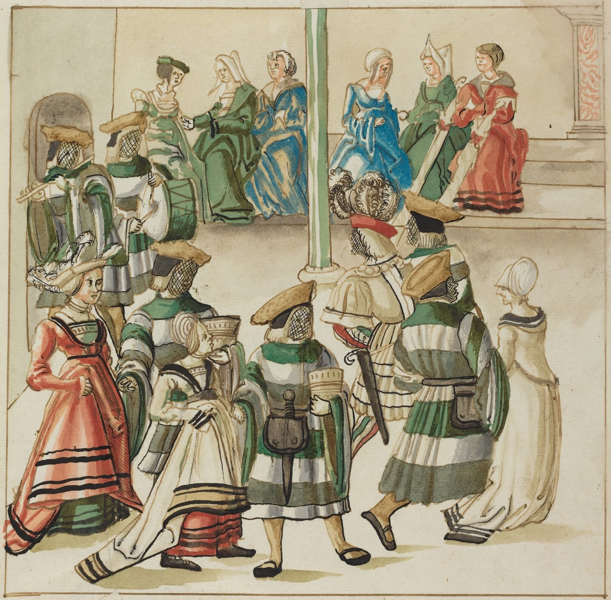 Three Dancing Couples Led by Two Knights in Room with Column, detail
