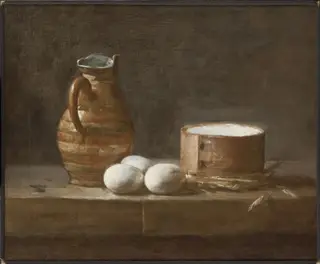 Still Life with Eggs, Cheese, and a Pitcher, by Jean-Baptiste-Siméon Chardin, oil, 1750