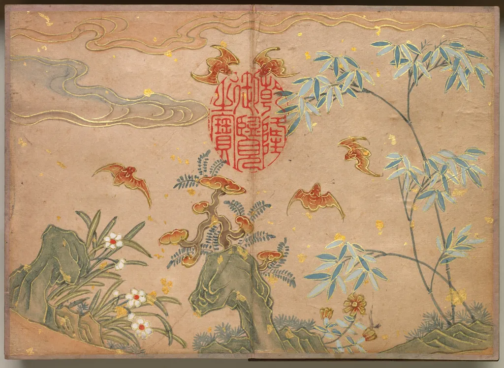 Desk Album: Flower and Bird Paintings (Bats, rocks, flowers oval calligraphy), by Zhang Ruoai, unspecified