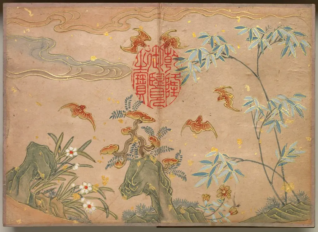 Desk Album: Flower and Bird Paintings (Bats, rocks, flowers oval calligraphy), by Zhang Ruoai, unspecified