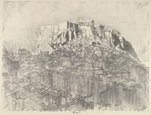 Sunrise over the Acropolis, by Joseph Pennell, ink, 1913