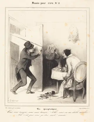 Un quiproquo - Vous vous trompez... allez... au diable..., by Honoré Daumier, ink, 1838
